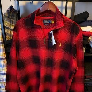 *** RL Quarter Zip - (L) NWT - Ralph Lauren Red and Black Plaid Men's Sweatshirt
